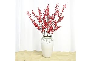 Emiif Artificial Red Berry Stems Red Berries Holly Berry Branches Fake Burgundy Berry Picks for Floral Arrangements Crafts Decor(No Vase)((6 prongs 60 cm)