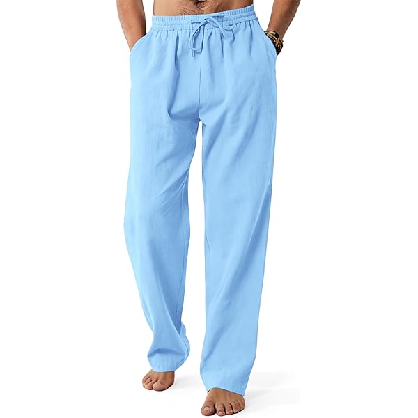 Linnen broek voor heren, zomer, casual strandbroek, licht, met trekkoord, Navy Blauw, XL