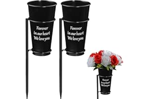 SIFOEL Metal Cemetery Vase, Memorial Headstone Vase with Ground Spikes for Artificial Flowers, Flowers Holder for Cemetery Grave (Black-2PCS), Flowers is not included