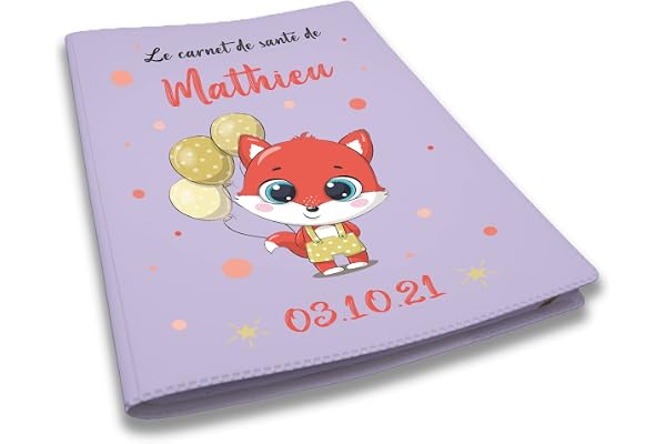 Protège carnet de santé personnalisé, idée cadeau personnalisable bébé, cadeau naissance original, Housse carnet de santé Renard Ballons - CL0008a (Mauve)
