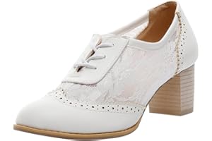 Jamron Femmes Élégant Dentelle Bride Chaussures de Mariage Bloc Talon Oxfords Chaussures de Ville