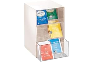 mDesign Organizador de cocina con 3 cajones de plástico – Mini cajonera para bolsas de té, sobres de café, edulcorantes y más – Caja de té en plástico con 18 compartimentos – beige y transparente