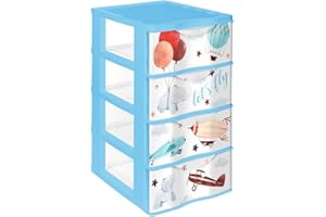Acan Tradineur - Cajonera de plástico, modelo Wagon Let's Fly, 4 cajones transparentes, torre almacenaje, juguetes, dormitorio infantil, niños, fabricada en España (Azul - 40 x 38 x 64 cm)