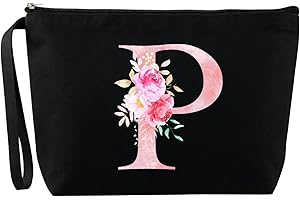 Blisswave Pochette Personalizzata dalla A alla Z, Regali per Donna, Mamme e Amica, Regali di Natale e Compleanno, Elegante e Carina Beauty Case da Viaggio con Iniziale Nome Floreale Rosa (Nero)