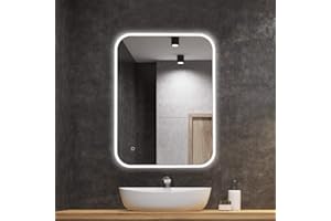 baklon Specchio da Bagno Rettangolare,Specchio da Parete a LED 80x60cm, Specchio da Bagno con Interruttore Touch Funzione,con Dimmerabile,Bianco Caldo/Bianco Freddo/Neutro, 3000-6500K,CEE: A++.…