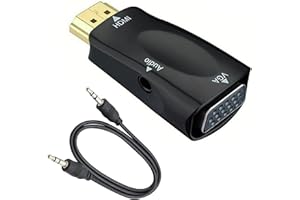 QIANRENON HDMI vers VGA Convertisseur Adaptateur avec câble Jack Audio 3,5 mm, connecteur plaqué Or HDMI mâle vers VGA Femelle vidéo HD 1080P pour Ordinateur Portable, PC, Moniteur, etc.