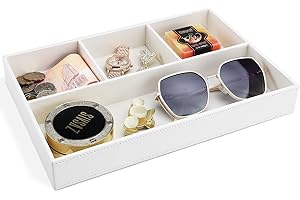 GORESE Svuotatasche in Pelle, Organizer per Cassetti Scrivania da Ufficio Vassoio Portaoggetti PU Tray con 4 Scomparti, Vassoio Organizer per Chiavi,Occhiali,Portafoglio,Monete,Gioielli(Bianco Avorio)