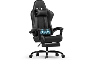 Devoko Silla Gaming con Masajeador, Silla Oficina con Reposapiés, Silla Juego de Carreras con una Carga de 150 kg, Respaldo Ajustable Alto Silla Ergonomica de Juegos Reclinable 90-135° (Negro)