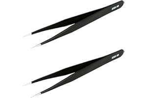 AOJE LINK-ELECTRIC Aoje-Link ESD-10 Professional Anti-Static Precision Technology Tweezers, Non-Magnetic Straight Pointed Tip, Stainless Steel Plastic Coated, Full Length 120mm, Black, 2pcs