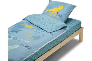 BLEU CALIN Bleu Câlin Caradou - Juego de Cama Infantil T-Rex, 3 Piezas (sin edredón), 90 x 190 cm, algodón, Azul Verde
