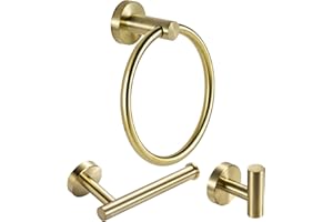 YUET Bathroom Hardware Accessories Set - SUS 304 Stainless Steel Brushed Wall Mounted Rack, Towel Ring Bar + Toilet Paper Roll Holder + Robe Hook, Bath Accessory Hooks (Brush Brass)