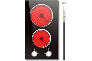 2 Ring Ceramic Hob, Nefaracy 30cm Electric Hob with Knob Control, Built-in 3000W Electric Ceramic Hob, Hot Warning, 9 Power Level, 220-240V Hard Wire