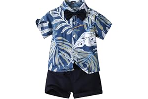 OLIPHEE Jungen Gentleman Anzüge Kinder Kurzarm Hawaii Hemd T-Shirts + Kurze Hose mit Tasche Freizeit Suit Strand Urlaub Sommer Set