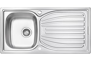JASSFERRY Stainless Steel Kitchen Sink Single 1.0 Bowl Reversible Top Overflow Hole with Waste Pipes Clips, 980 x 510 mm
