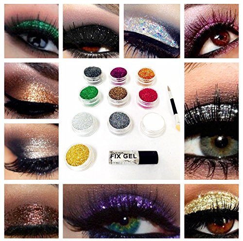 Glitter Eyes Set 1 - 10 X Glitter Pots Fix Gel & Brush Loose Glitter Eye Shadow