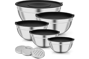 Gaethra Ciotole Acciaio Inox Cucina, Set 5 Pezzi Insalatiera Acciaio Inox con 3 Grattugie, Lavabile in Lavastoviglie, Insalatiera Con Coperchio, per Preparazione Alimenti (4,5L/2,7L/1,5L/1,2L/0,7L)