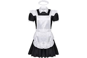ranrann Men's Sissy Satin Frilly Short Sleeve Dress French Maid Uniform Cosplay Costume Fancy Dress