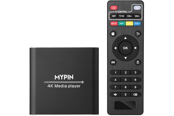 Lecteur Multimédia 4k, MYPIN Mini HD Media Player TV pour 8TB HDD/Clé USB/Carte TF/H.265 MP4 PPT MKV AVI Soutien Sortie HDMI/AV/Coaxial et Souris USB/Clavier-HDMI Jusqu'à 7.1 Son Surround