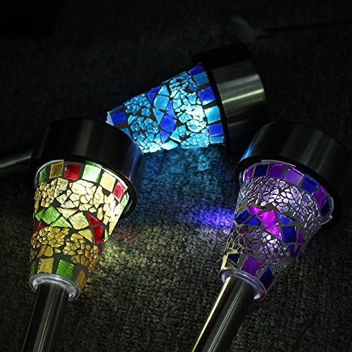 NEWNEN Stainless Steel Solar glass Mosaic Decoration Stake Light Waterproof Led Ground lights With 3 Colors Mosaic Lampshade Multi-Color changing Decoration Lamp For Outdoors Pack Of 6