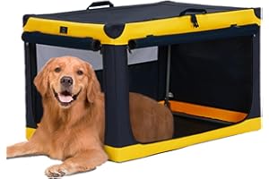A 4 Pet Hundebox faltbar große Hunde Auto Transportbox Hund Soft tragebar Hundebox für zuhause, leicht zu verstauen mit montiertem Aluminium Rahmen, einstellbare Kompatibilität (L, Gelb)