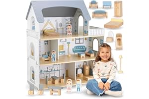 Mamabrum Casa de Muñecas Madera con 3 Niveles y Terraza - Casa de Muñecas Madera 70,4cm con 5 Habitaciones, Muebles y Accesorios - Juguete Infantil en Colores Sutiles