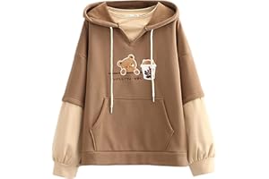 HIMIFASHION Kawaii Hoodie, Sweatshirt, für Teenage-Mädchen, süßer Bär mit Milch/Tee-Stickerei, Pullover mit Kapuze, unechter Zweiteiler, lose Anliegend
