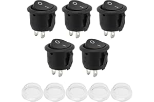 Powice 5 x przełącznik dźwigienkowy 12 V/6 A, z wodoszczelną osłoną, okrągły, 2-biegunowy przełącznik 12 V, 230 V, nadaje się do montażu w domach, samochodach i urządzeniach elektrycznych (czarny)