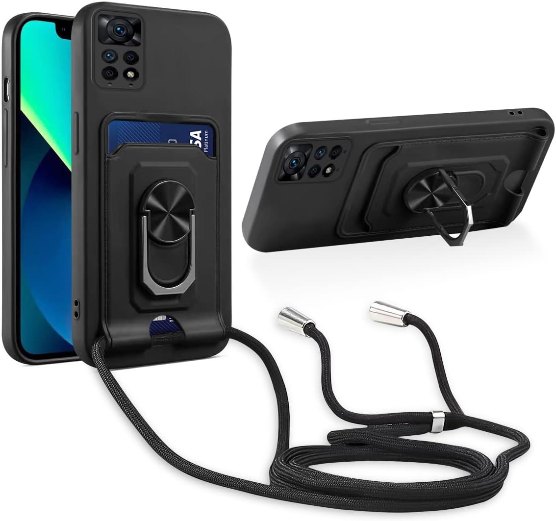 Aithne Funda con Cuerda Compatible con Xiaomi Redmi Note 12 Pro 4G/Note 11E Pro 5G,360 Anillo función de Soporte y Ranuras para Tarjetas, Protección cámara Carcasa-Negro
