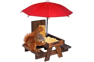 JETAINE Squirrel Feeder Picnic Table with Umbrella and Corn Cob Holder, New Premium Gift for Squirrel and Chipmunk Lover, Outdoor Garden Ornament for Bird Squirrel Wildlife Animal Bench Feeder Station