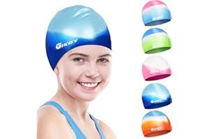 Swimming Cap Kids, Swim Caps for Girls Boys Children Aged 5-14, GIKOY Comfortable Stretchable Swimming Hats for Long Hair, Silicone Odour Free Waterproof Swim Hat, Non-Slip lining & Keep Hair Dry