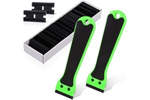 Ehdis 2 pcs Plastic Scraper with 100 Plastic Razor Blade, 6inch Long Handle with EVA Foam, Adhesive Remover, Sticker Remover, for Remove Label, Glue, Sticky Stuff, Decal, Chartreuse
