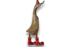 ‎ART-CRAFT ART-CRAFT Holz Ente Lauf Ente Gartendeko Figur aus Bambus Wurzel und Teak Holz mit Stiefel und Hut Rot 45cm