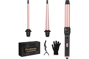 ORCLEENA Curling Wand 3 in 1 Mermaid Hair Curler Ceramic Curling Tongs Iron Set for Long Thick Thin Hair Interchangeable Barrels Beach Waves Styling Tools with Glove (Rose Gold)