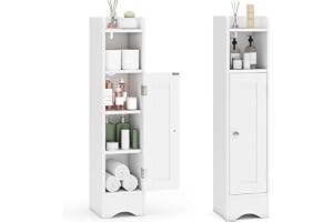 COSTWAY Toalettskåp, smalt badrumsskåp med öppet fack, badhylla av trä med 2 justerbara hyllor, förvaringsskåp 18 x 19,5 x 80