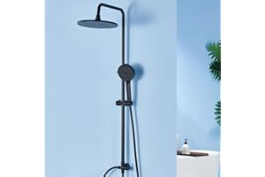 Auralum Columna Ducha sin Grifo con Diversor de Latón, Rociador Ducha Ø25 cm Redondo, Teleducha con 4 Modos, Barra de Ducha Altura Regulable, Set Ducha Compatible con Orificios Existentes, Negro