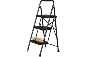 BONTEC trappstege 3 steg hopfällbar stegpall med kapacitet 272 kg, halkfria breda pedaler, robust stege i stål med svampstyre för hem, kök, skafferi, inomhus och utomhus