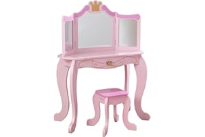 KidKraft Princess Wooden Vanity Table and Stool for Kids, Dressing Table with Mirror and Stool, Kids' Desk with Drawer, Children's Playroom/Bedroom Furniture, 76123