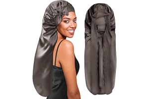 ‎BONNET QUEEN BONNET QUEEN Lange Satin Zopfhaube, Seidenhaube zum Schlafen Lange Haare mit Verstellbare Bindeband, Schlafhaube Seide für Locken & Zöpfe, Schlafmütze Damen, Lilabraun