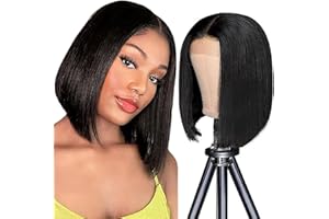 Weeybay Bob Short Straight Human Hair Wig 4X4 Lace Parrucca Donna Capelli Veri Umani #1B Black Color Pre Plucked Natural Hairline Glueless 10 Inch