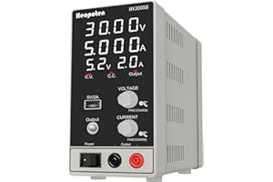 Labornetzteil HEOPOTEN 30V 5A DC Regelbar Netzgerät mit 4-stelliger LED-Vollanzeige der Spannungs- und Stromwerte, 5V2A USB-Ausgang, Alligatorkabeln und Netzkabel