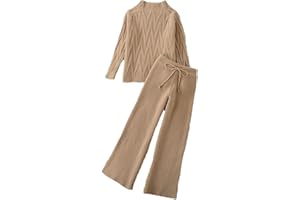 Hotgreenpepper Otoño Invierno Mujeres Tejer 2 Piezas Conjunto Femenino O-Cuello De Punto Jersey Ancho Pantalones De La Pierna Traje, caqui, L