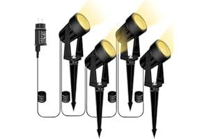 Bomcosy Faretti da giardino alimentati a rete, luci paesaggistiche da 14 m, 3000 K, 14 V, luce a picchetto impermeabile IP65, luci da giardino per esterni, illuminazione per vialetti, decorazioni per