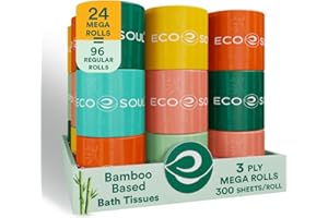 ECO SOUL Bamboo Quilted 3-Ply | 24 Mega Rolls = 96 Regular Rolls | Bamboo Toilet Paper | 300 Sheets/Roll | Ultra Soft | Non-Allergenic & Sustainable Loo Rolls | 7,200 Large Sheets | FSC Certified