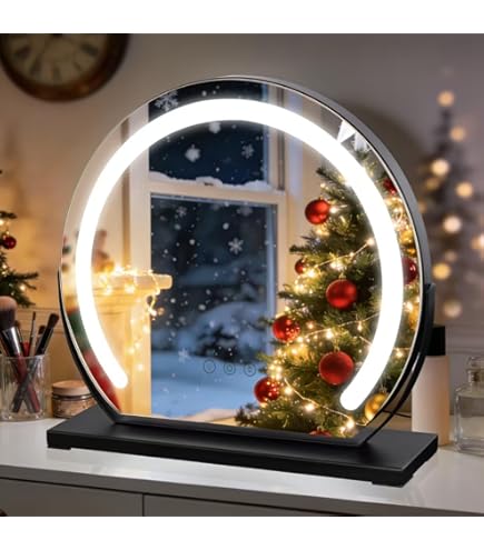 EMKE Hollywood Make-upspiegel met verlichting, 360 graden spiegel voor make-uptafel met 3 lichtkleuren, dimbaar, geheugenfunctie, 12 led-lampen, make-uptafel, spiegel, 30 x 41 cm (zwart
