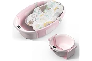 EzyWay Foldable Baby Bath Tub with Thermometer for Real Time Temperature, Temperature Sensing Drain Plug, Anti-Slip Legs Collapsible Tub with Cushion Pad (Pink)