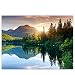 Produktbild Leinwandbild 100x75 cm PREMIUM Leinwand Bild - Wandbild Kunstdruck Wanddeko Wand Canvas - MOUNTAIN LAKE VIEW - Kunstdruck Berge See Sonnenuntergang Romantisch Bäume Wald - no. 051