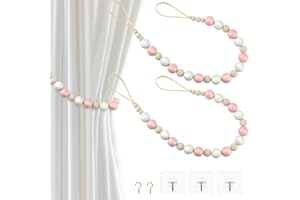 Poeland 2 Pieces Wood Bead Curtain Tiebacks, Boho Curtain Holder with Hooks, Curtain Tie Backs for Bedroom, Nursery, Dining Decoration (Pink & White)