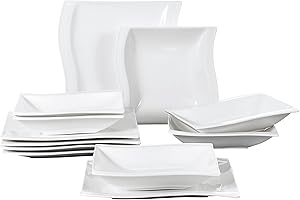 MALACASA 12 Piezas Vajillas de Porcelana, 6 Platos de Cena 6 Platos de Sopa para 6 Personas, Serie FLORA