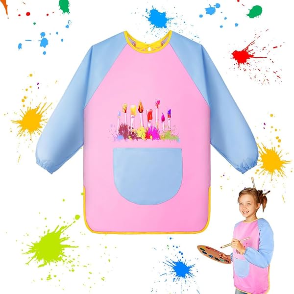 MEMOFYND Tablier Peinture Imperméable – Manches Longues, Bleu/Rose, Taille 82/62/100, Protection Totale Pour Enfants Et Adultes