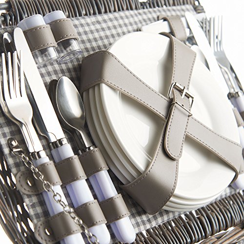 VonShef Deluxe 4 Personen Traditioneller Weidenkorb Picknickkorb mit Besteck, Tellern, Gläsern, Geschirr & Vliesdecke – Grauer Gingham - 4
